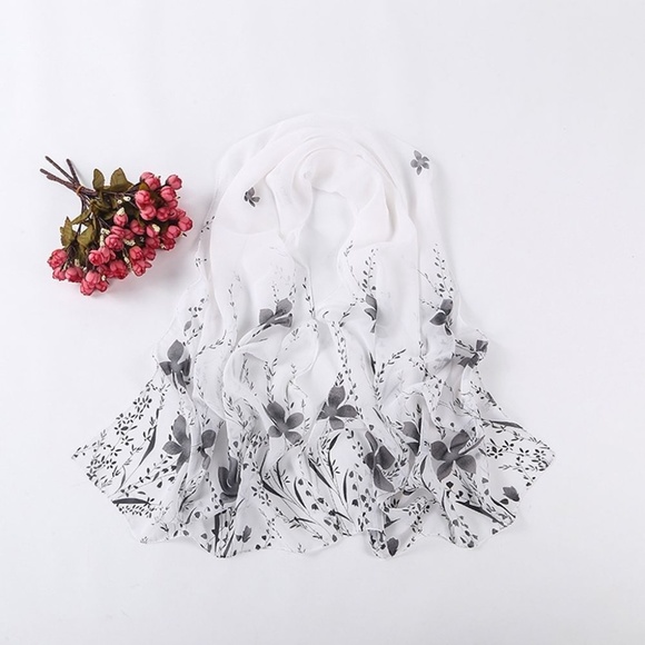 Accessories - White Chiffon Gray Floral Wrap Scarf Shawl